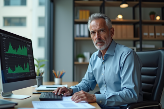 Analyste trafic au bureau avec rapports et graphiques