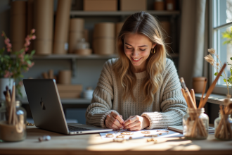 Jeune femme organisant ses bijoux dans un atelier lumineux
