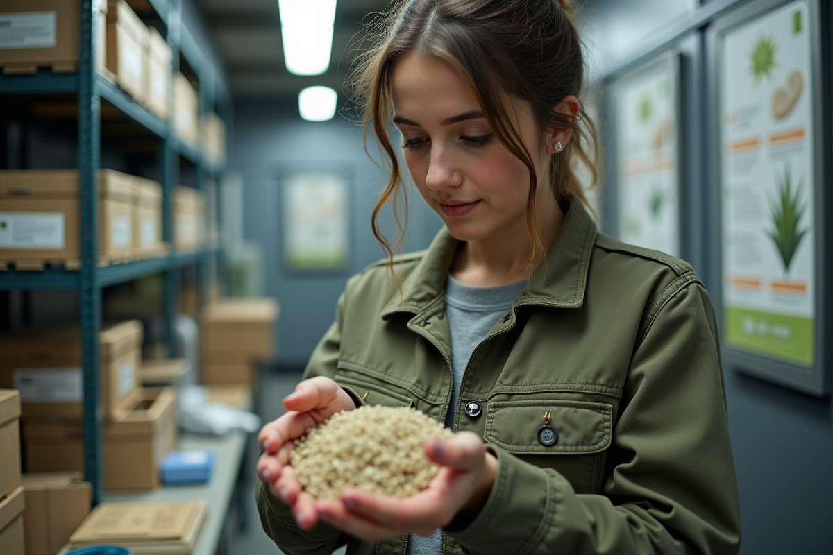 Jeune chercheuse examine fibres de chanvre en laboratoire