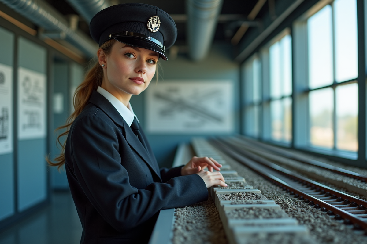 Conductrice de train avec modèle réduit de voies ferrées