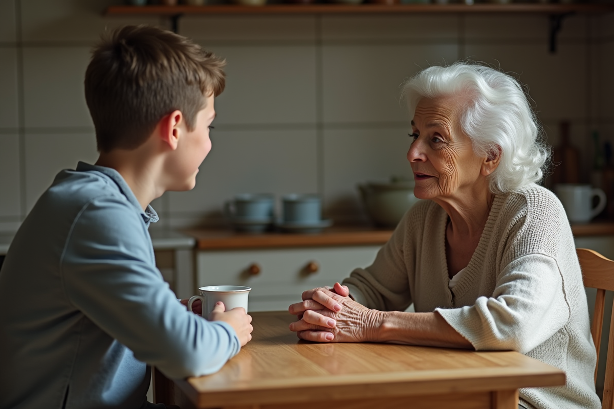 Une femme âgée et un adolescent discutent à la maison