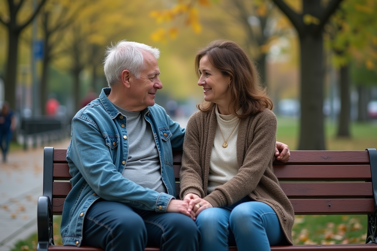 Couple assis sur un banc de parc en discussion
