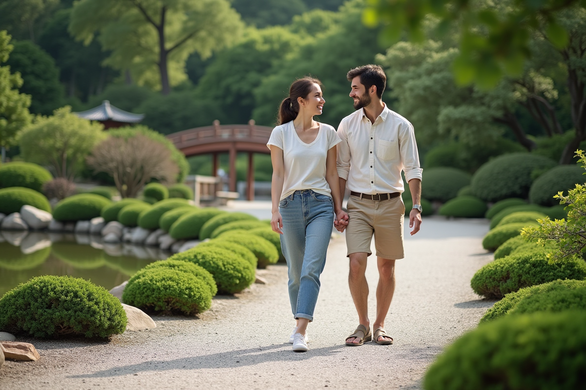 Jeune couple se promenant dans un jardin japonais