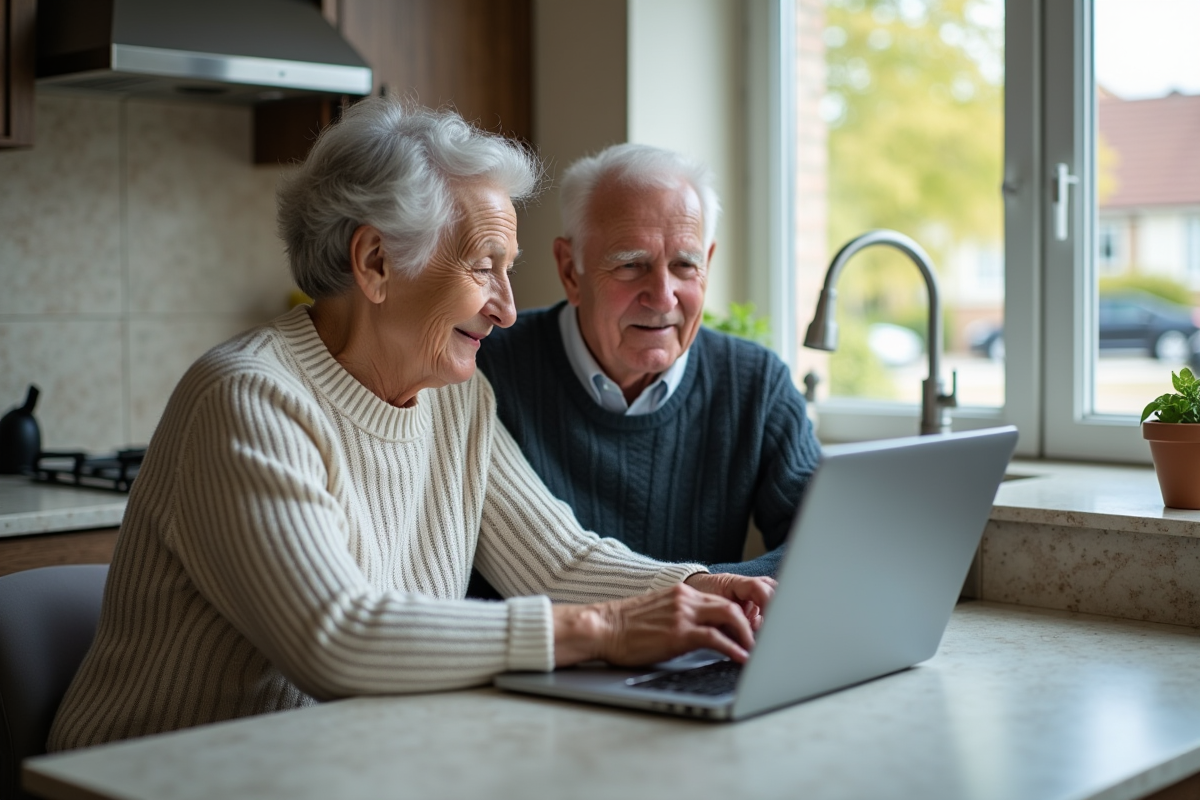 Couple retraité utilisant un ordinateur pour la declaration fiscale