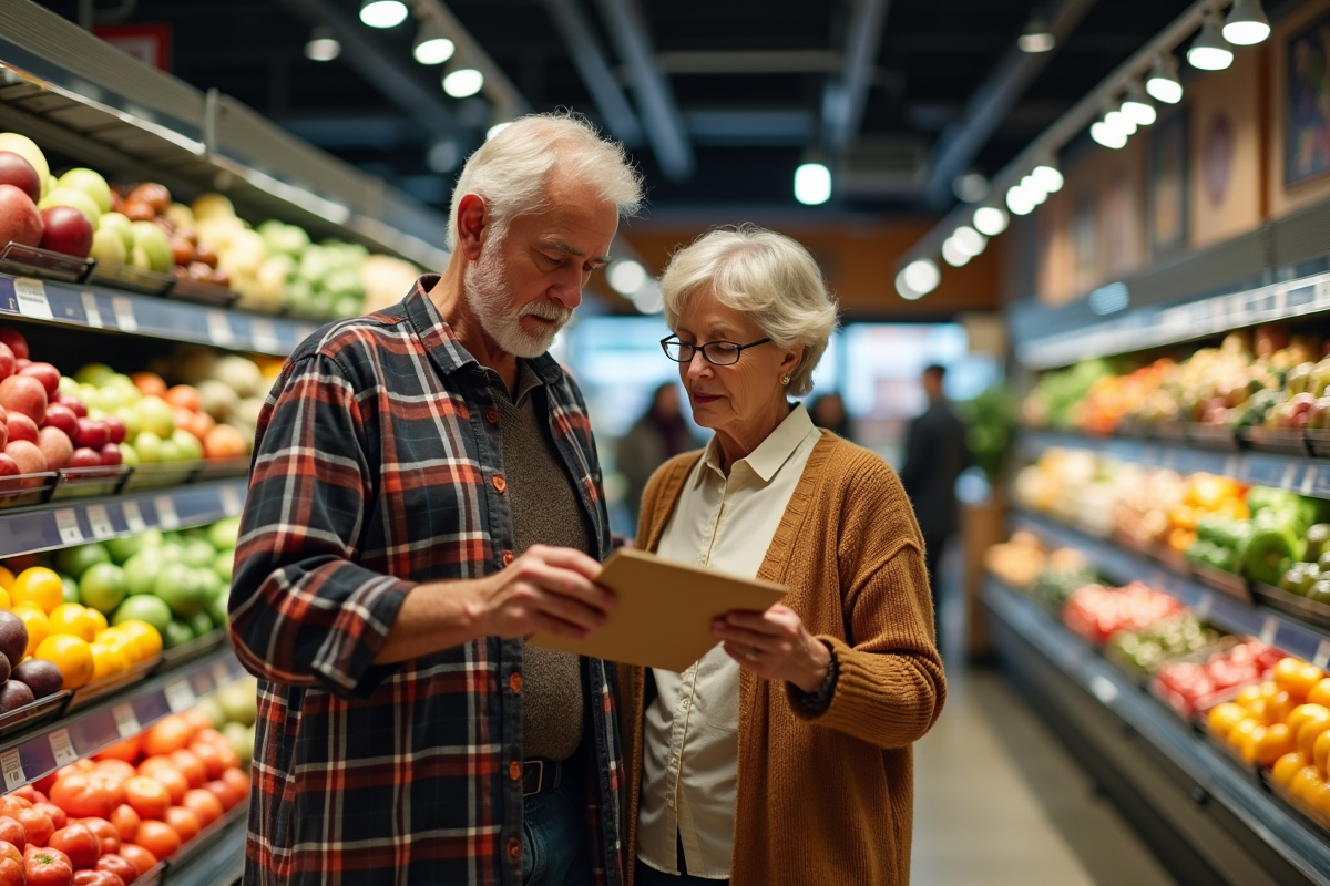 Vieux couple faisant leurs courses dans un supermarché