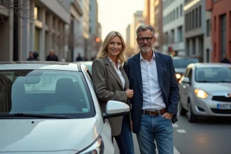 Couple urbain avec voiture compacte en ville