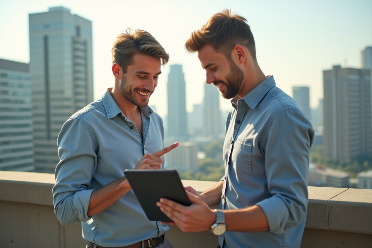 Deux jeunes hommes discutant de taux interbancaires sur une terrasse urbaine