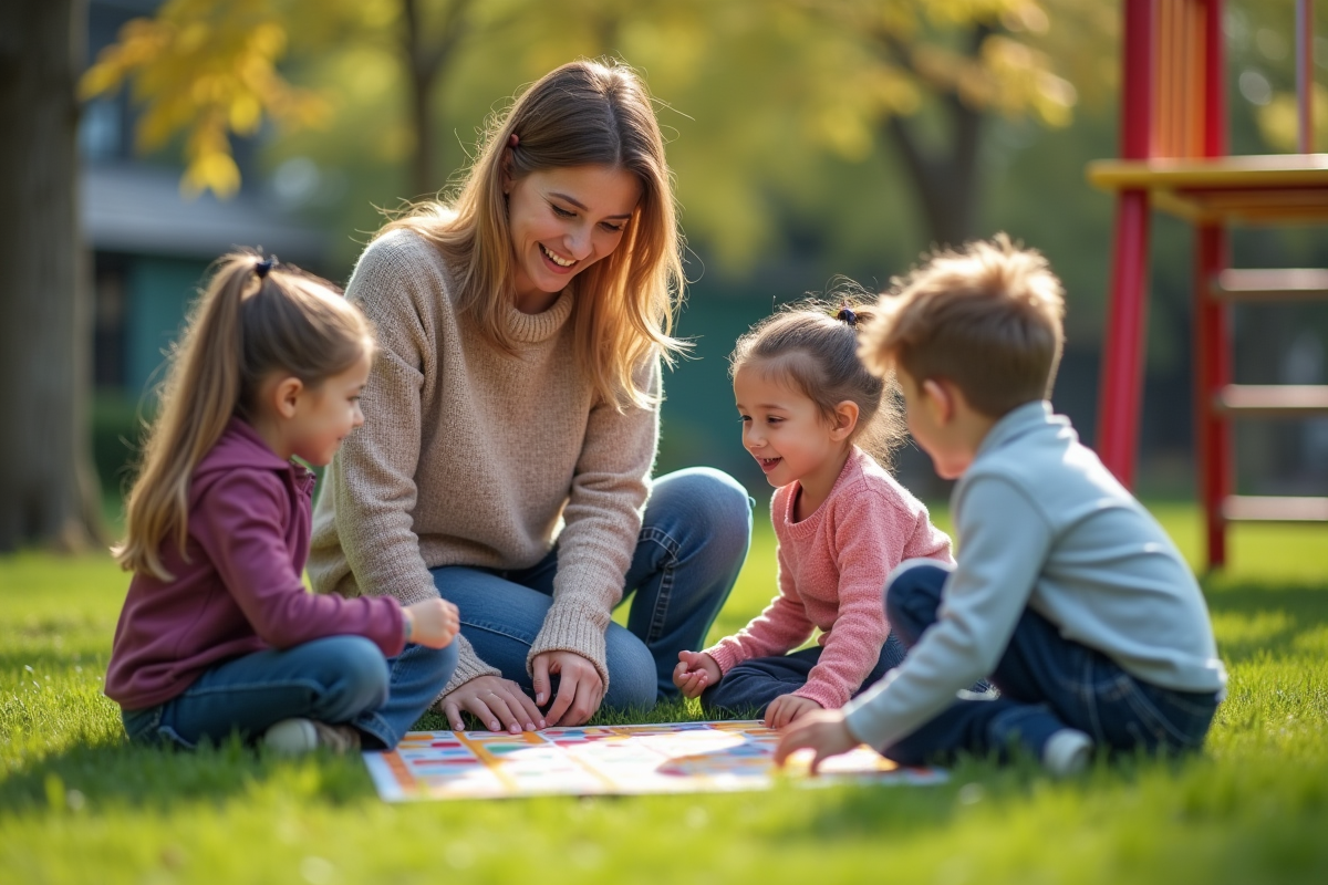 Enseignante jouant avec des enfants dans la cour de l école