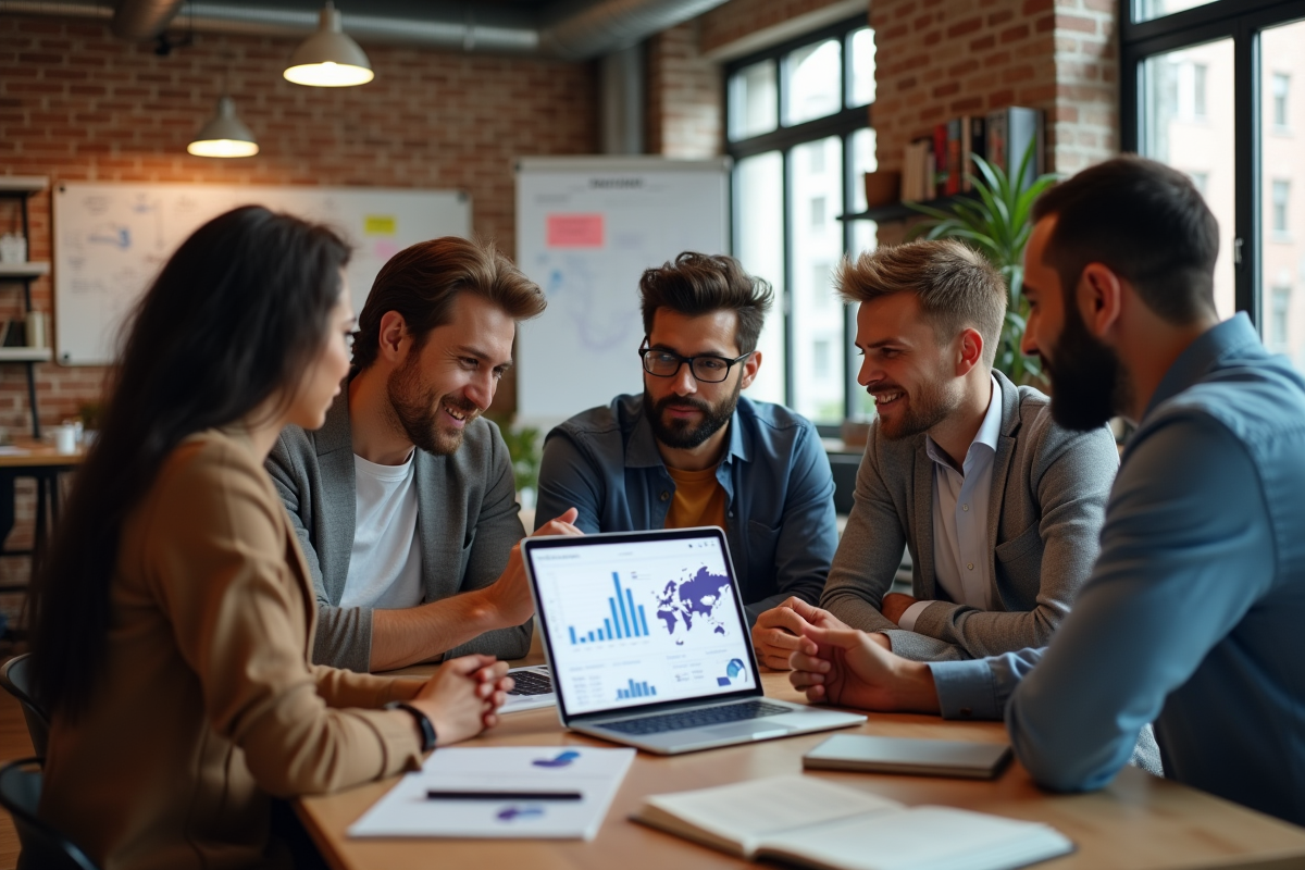 Groupe de professionnels du marketing discutant de données dans un espace de coworking