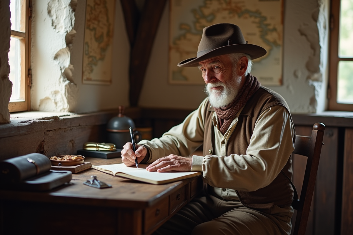 Explorateur âgé écrivant dans un journal de voyage à l
