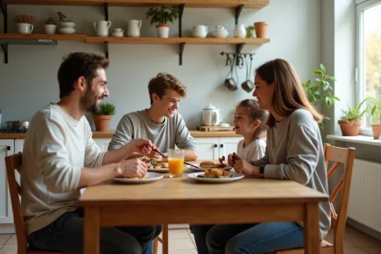 Famille fran&ccedil;aise partageant un petit d&eacute;jeuner ensoleill&eacute;