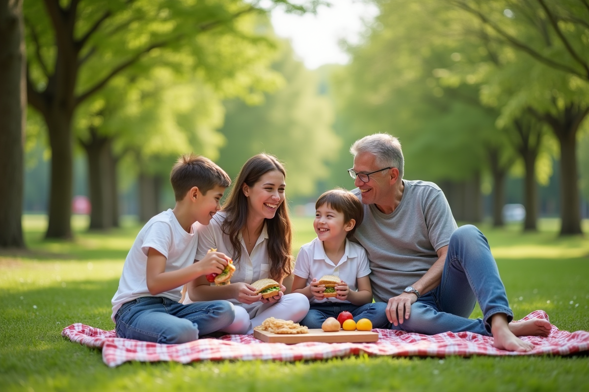 Famille en pique-nique dans un parc vert ensoleille