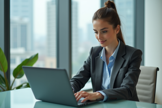 Femme confiante analysant des analytics sur son ordinateur dans un bureau moderne