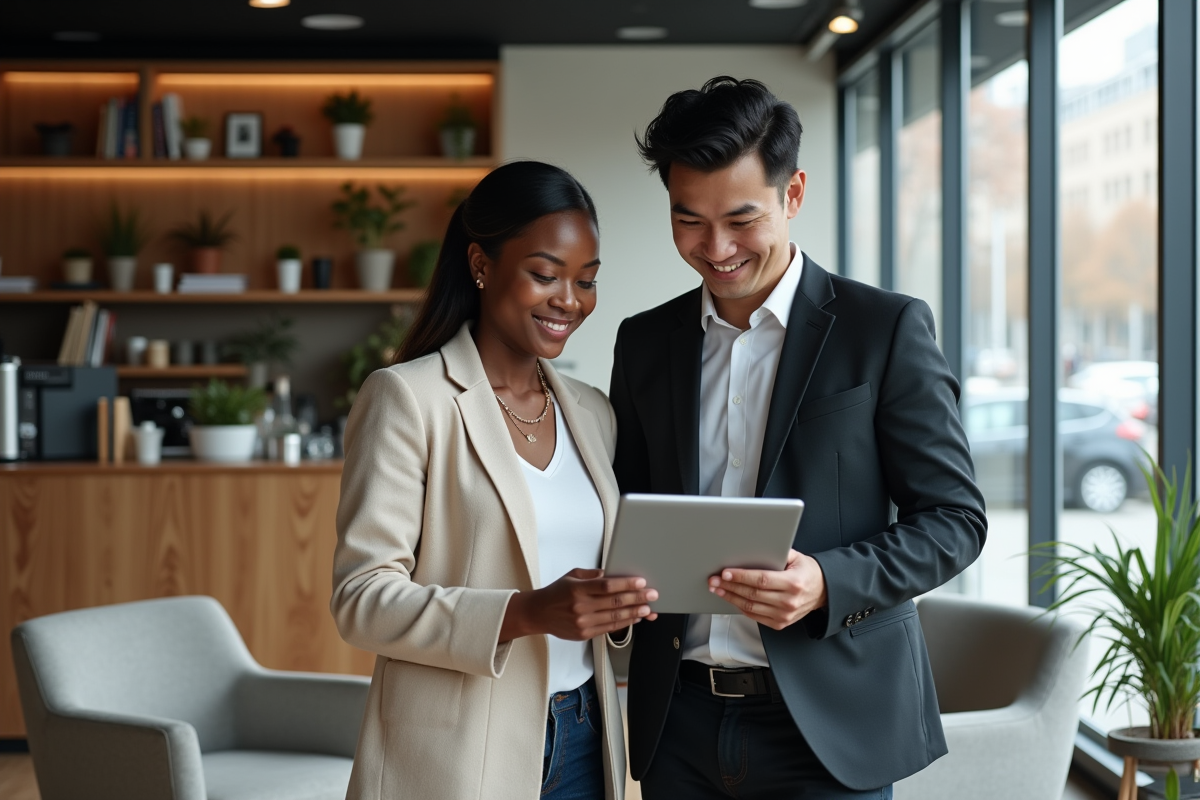 Femme africaine et homme asiatique discutant avec une tablette dans un espace détendu