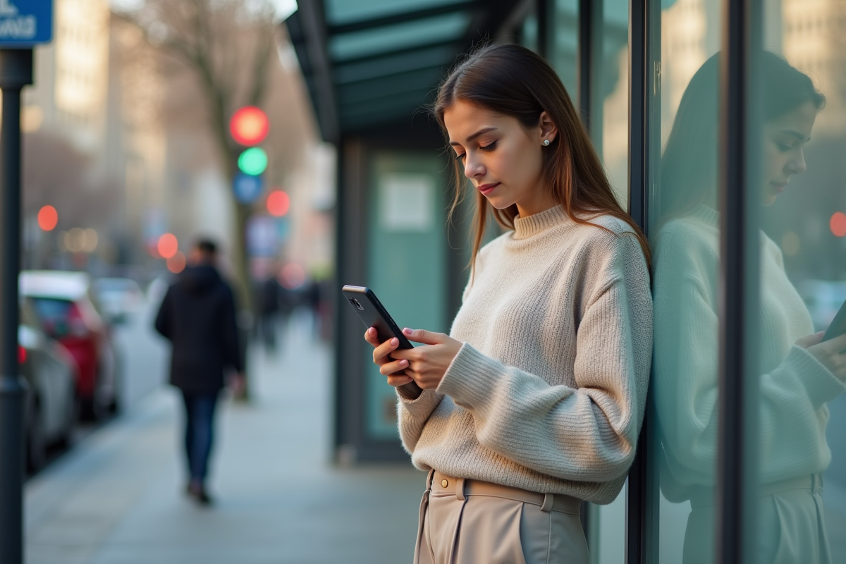Femme regardant son téléphone à un arrêt de bus urbain