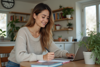 Femme assise &agrave; une table organis&eacute;e avec son ordinateur
