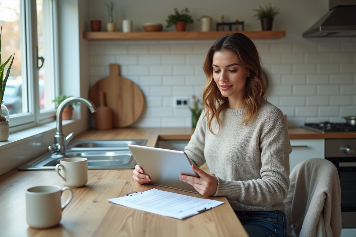 Jeune femme à la maison examinant des documents de prêt