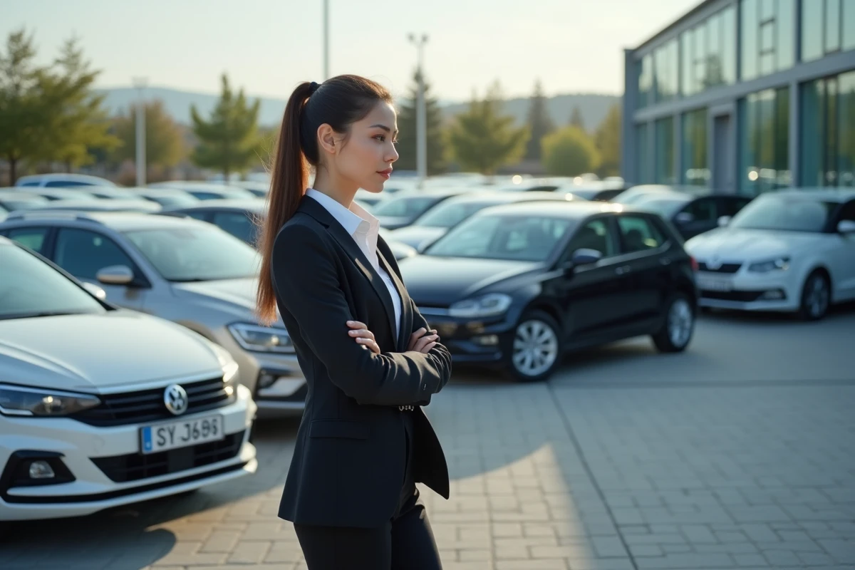 Jeune femme professionnelle examine sa voiture en concession