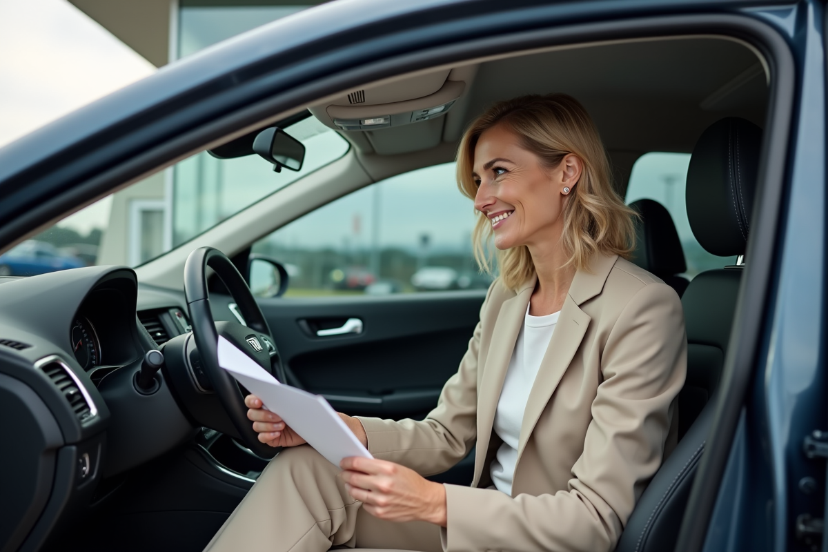 Femme dans sa voiture examinant des papiers au concessionnaire