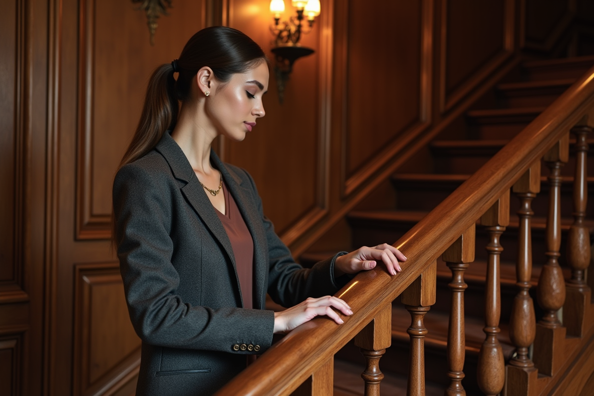 Femme élégante admirant un escalier en bois massif dans une maison ancienne