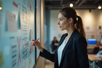 Femme en blazer analysant des esquisses dans un bureau moderne