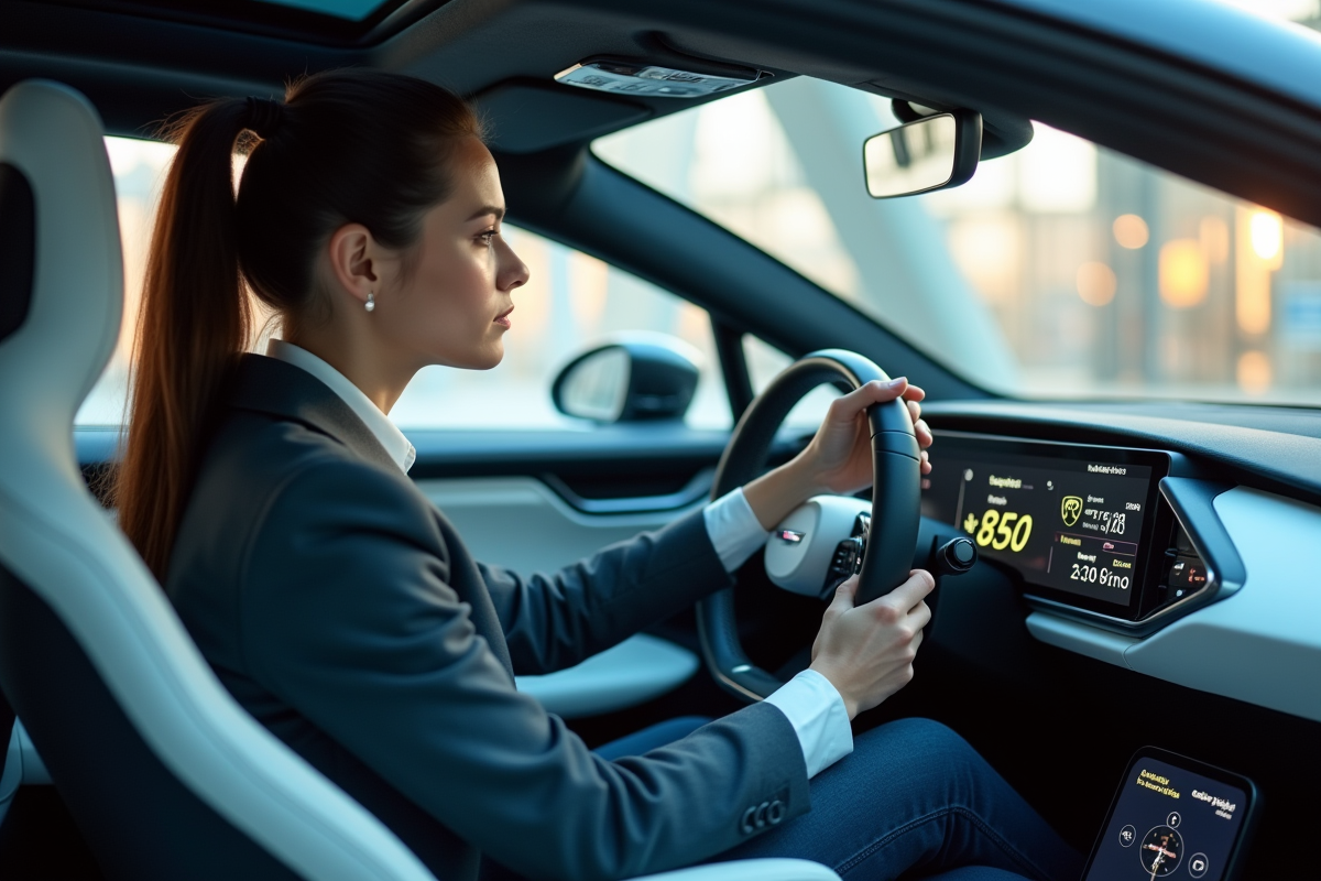 Jeune femme dans une voiture futuriste regardant un tableau de bord