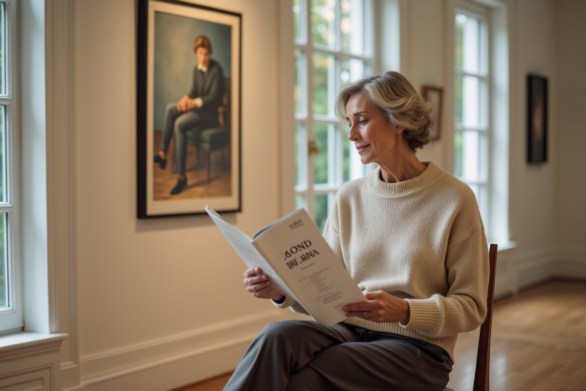 Femme contemplant une peinture dans une galerie d