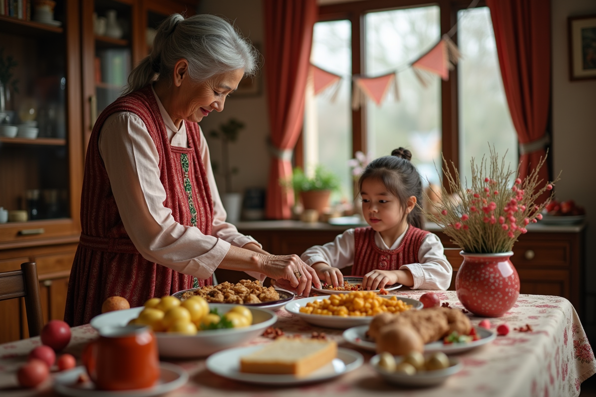 Grand-mère et petite fille préparant un repas traditionnel