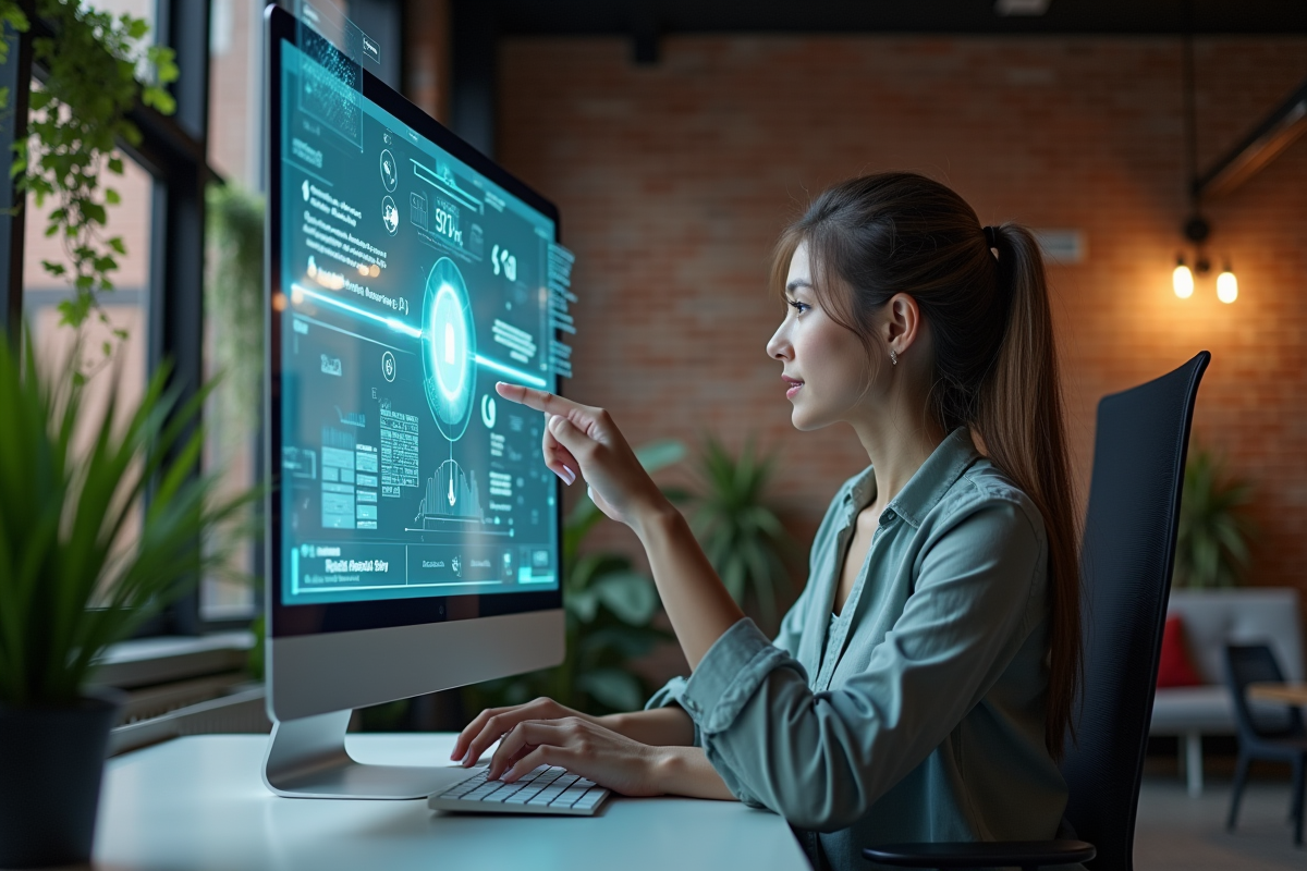 Jeune femme interagissant avec une interface holographique