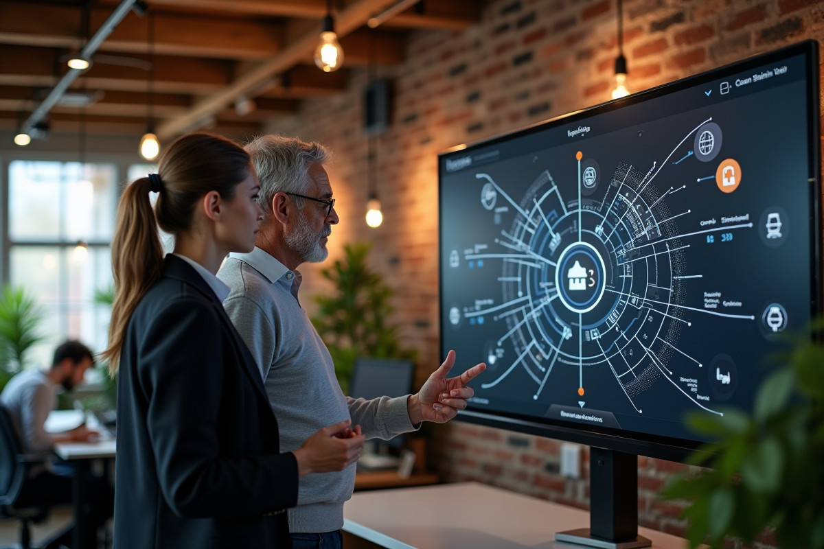 Femme et homme observant un écran interactif blockchain dans un espace de coworking