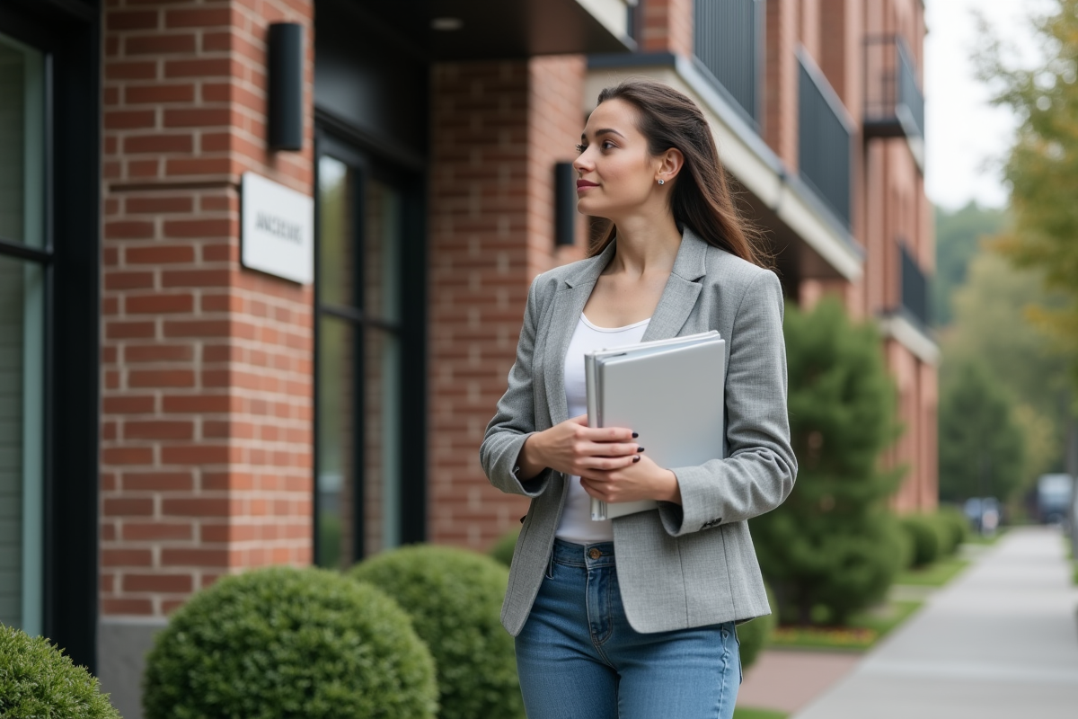 Jeune femme inspectant un immeuble résidentiel rénové