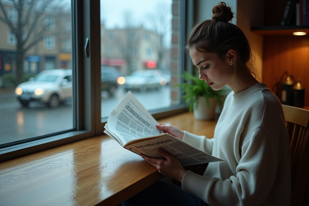 Jeune femme lisant un journal près d