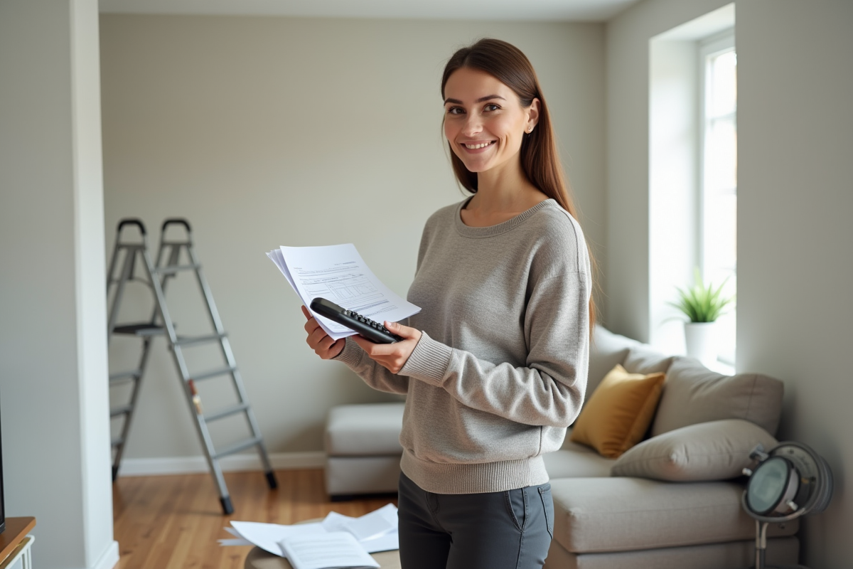 Femme souriante tenant des factures devant un mur rénové