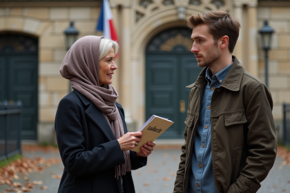Une femme et un jeune homme discutent devant une école