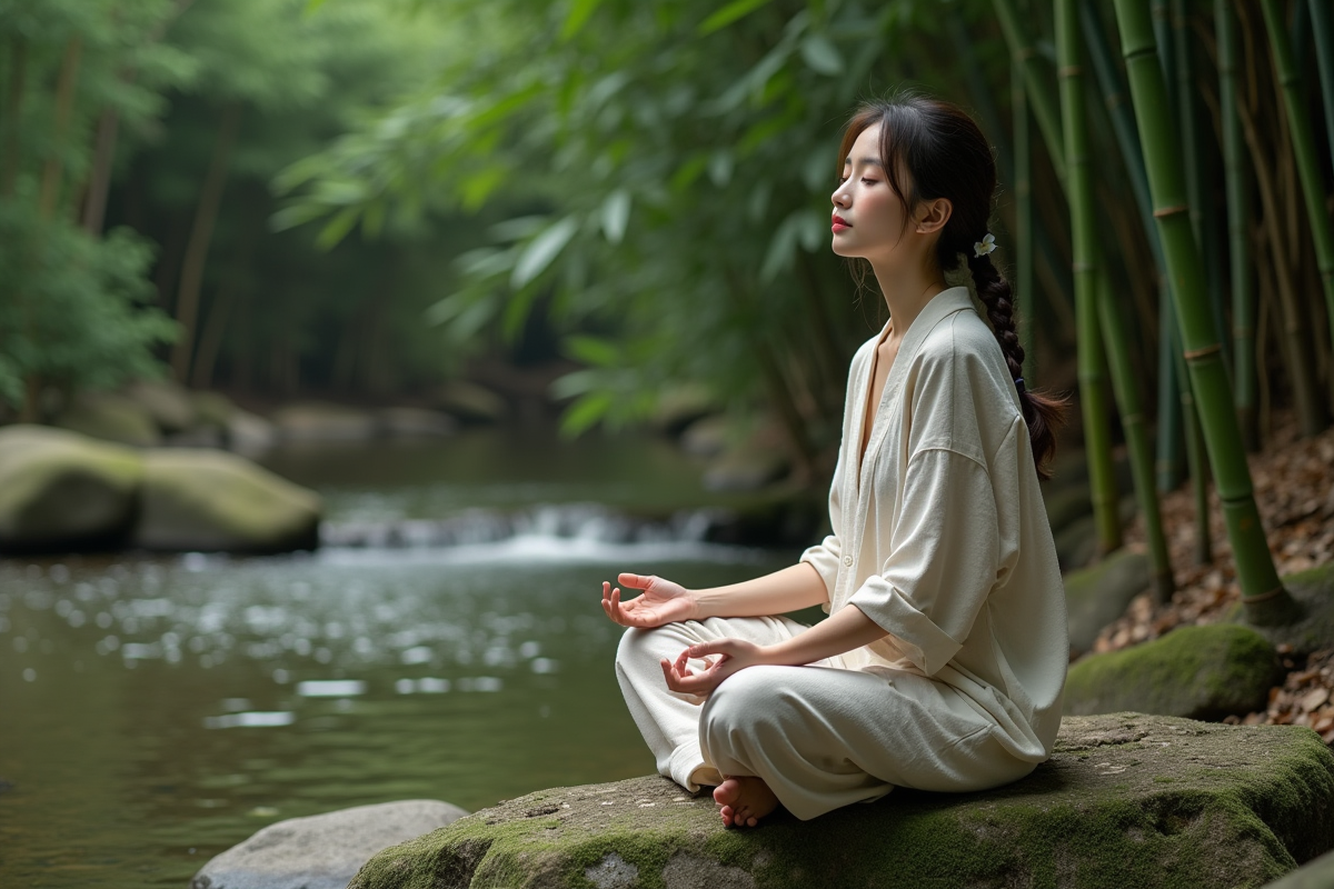Jeune femme méditant au bord d