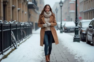 Femme élégante en hiver dans la ville avec manteau beige
