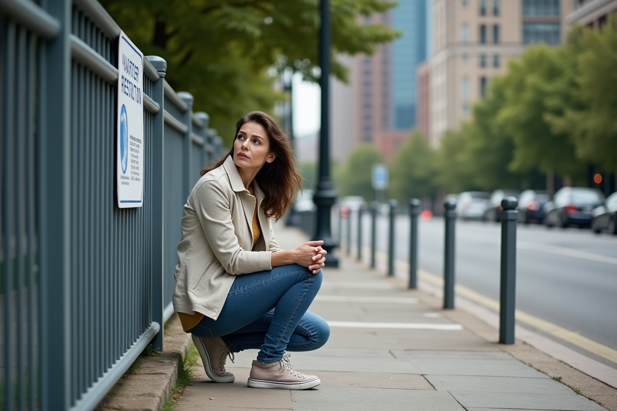 Femme regardant un panneau de restriction d