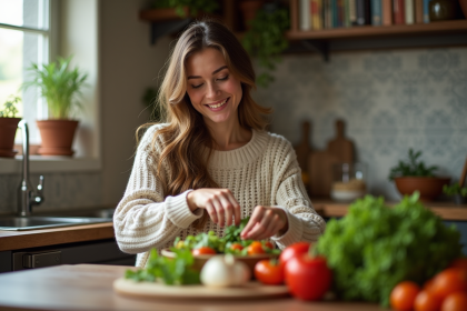 Jeune femme en cuisine pr&eacute;parant une salade color&eacute;e