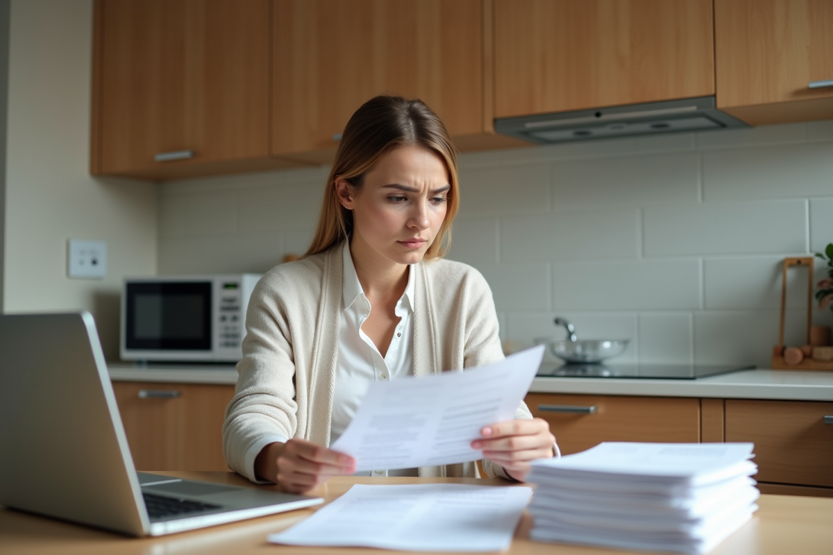 Jeune femme examine un relevé de prêt hypothécaire à la maison