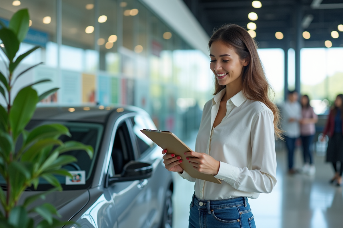 Jeune femme souriante avec voiture hydrogène en showroom