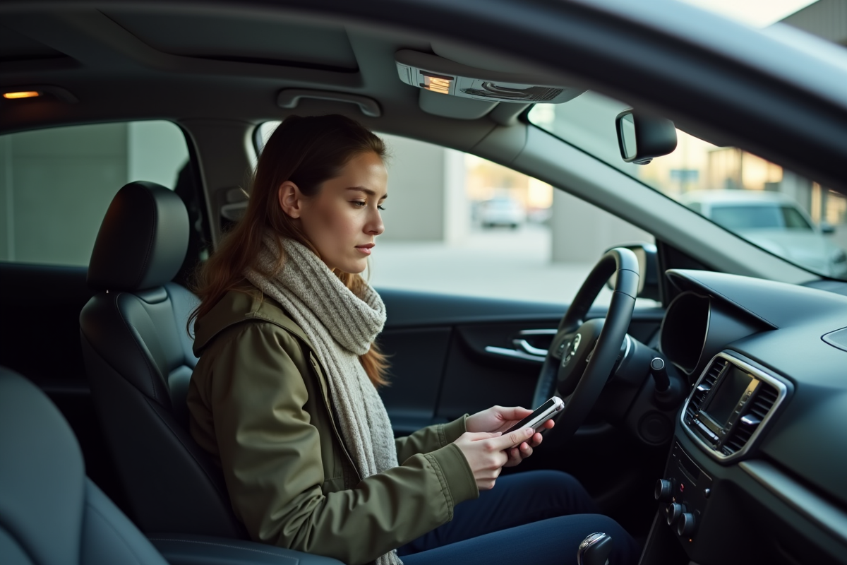 Jeune femme utilisant son smartphone dans une voiture moderne