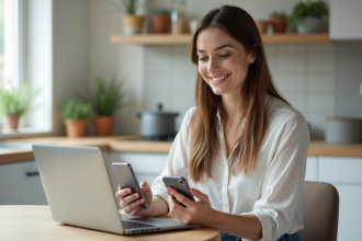 Femme souriante utilisant une application bancaire numérique