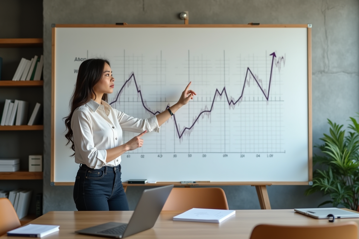 Jeune femme montrant des graphiques sur un tableau blanc