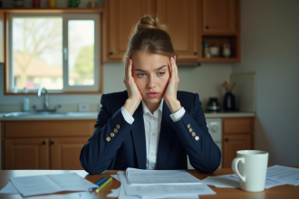 Jeune femme d'affaires stressée dans sa cuisine
