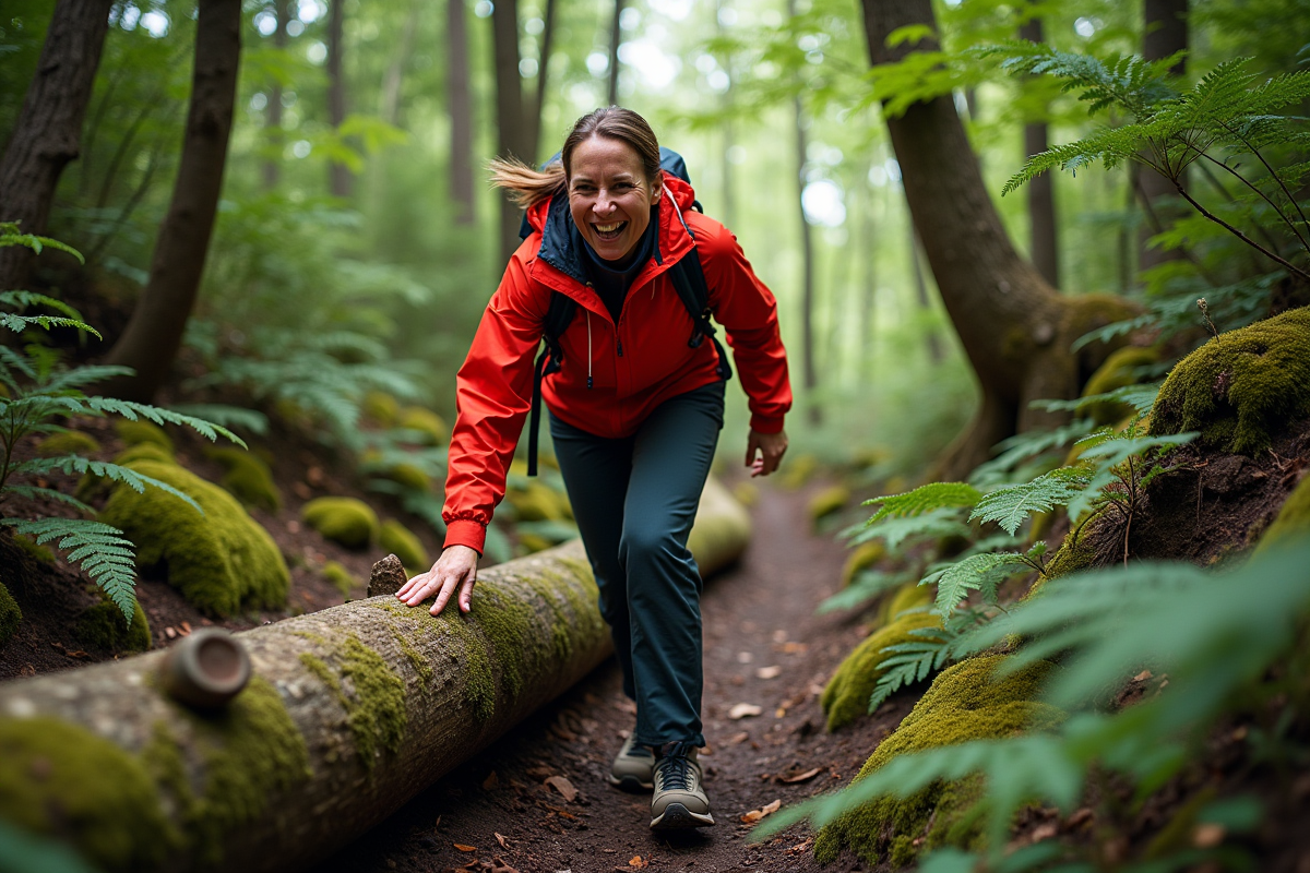 Femme en plein effort franchissant un tronc dans la forêt