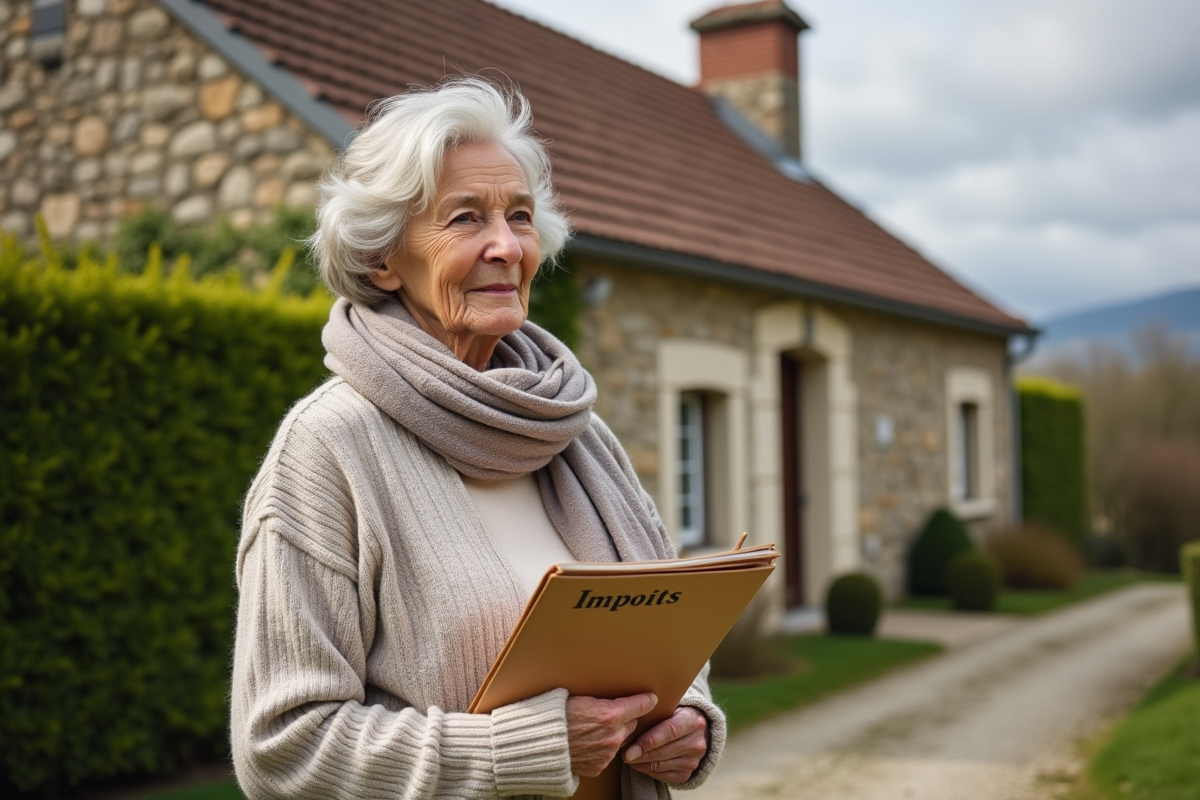 Femme française devant sa maison en pensant à ses impôts