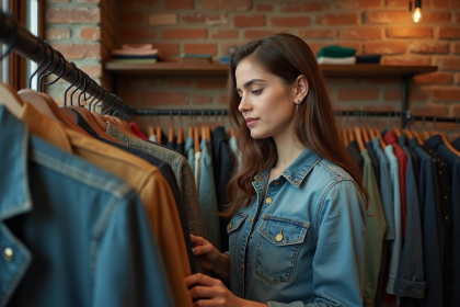 Femme dans une boutique vintage regardant un blazer &agrave; motifs