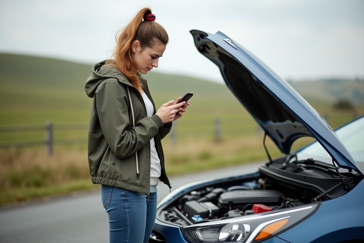 Jeune femme vérifiant le moteur d