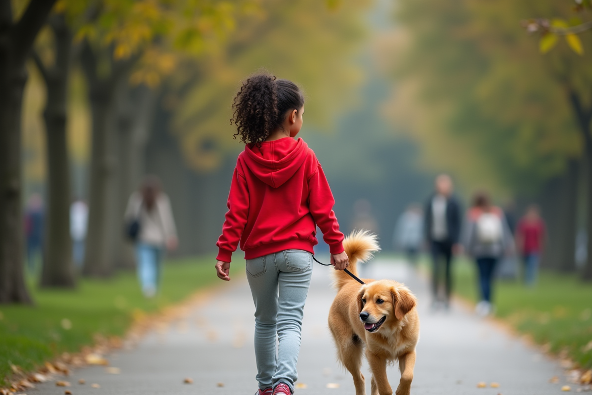 Fille de 12 ans promenant son chien dans un parc urbain