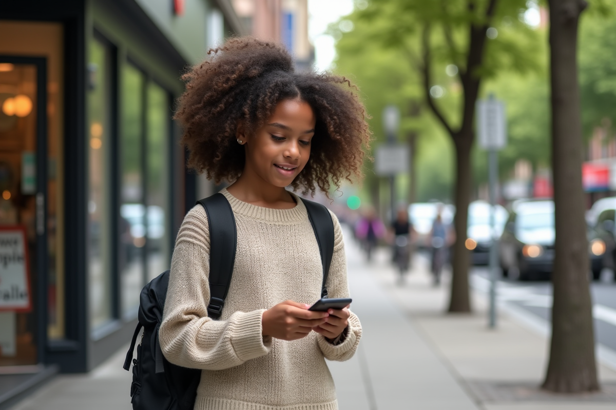 Fille aux cheveux bouclés marchant dans la ville en regardant son téléphone